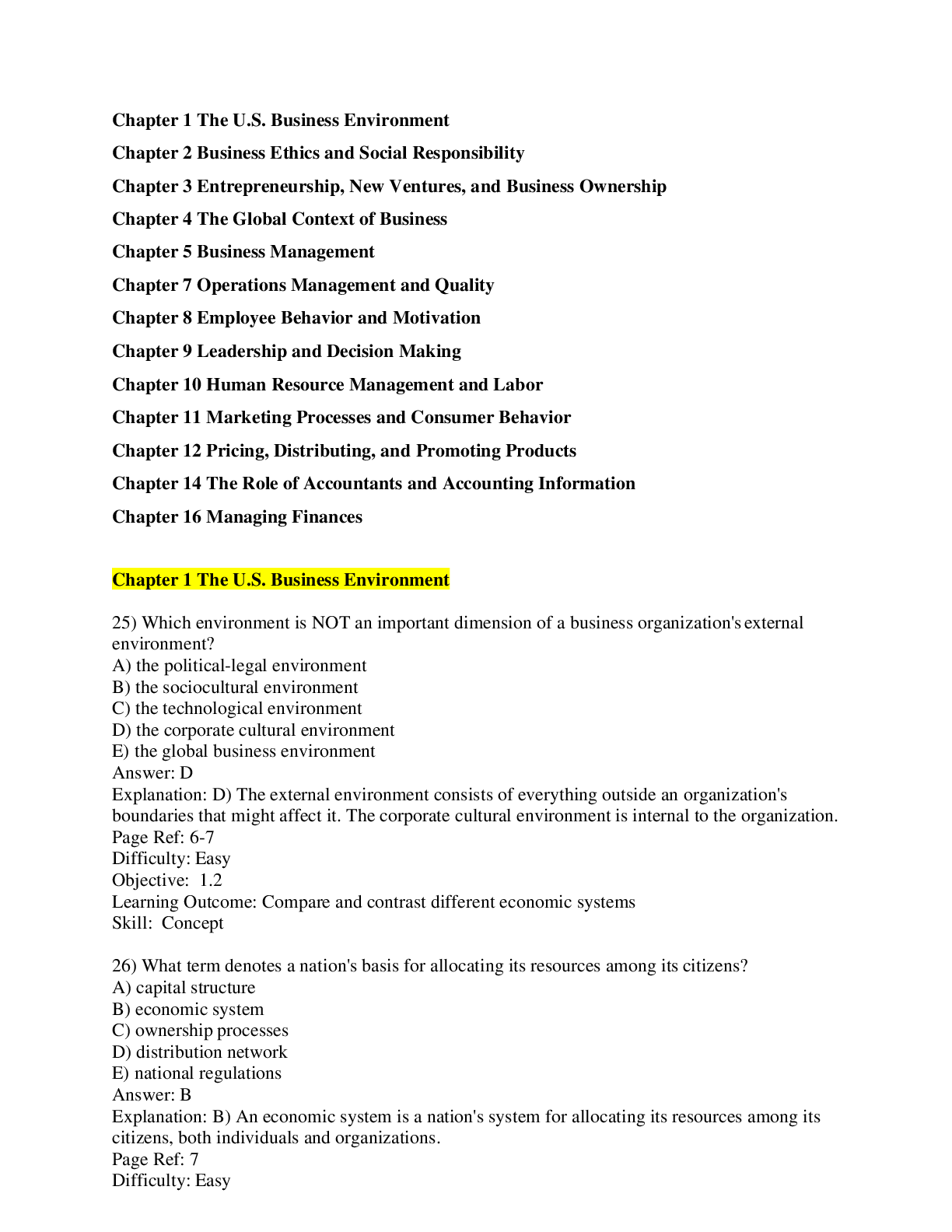 Preview of Final Exam Chapter 1 The U.S. Business Environment (Ch 01-16)